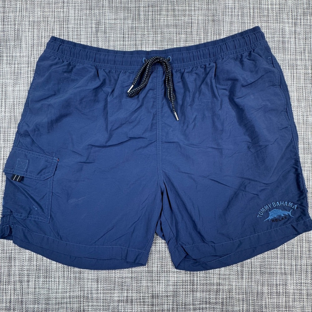 Tommy Bahama Mens XL Navy Nylon Cargo Swim Trunks Mesh Lined Drawstring Relax